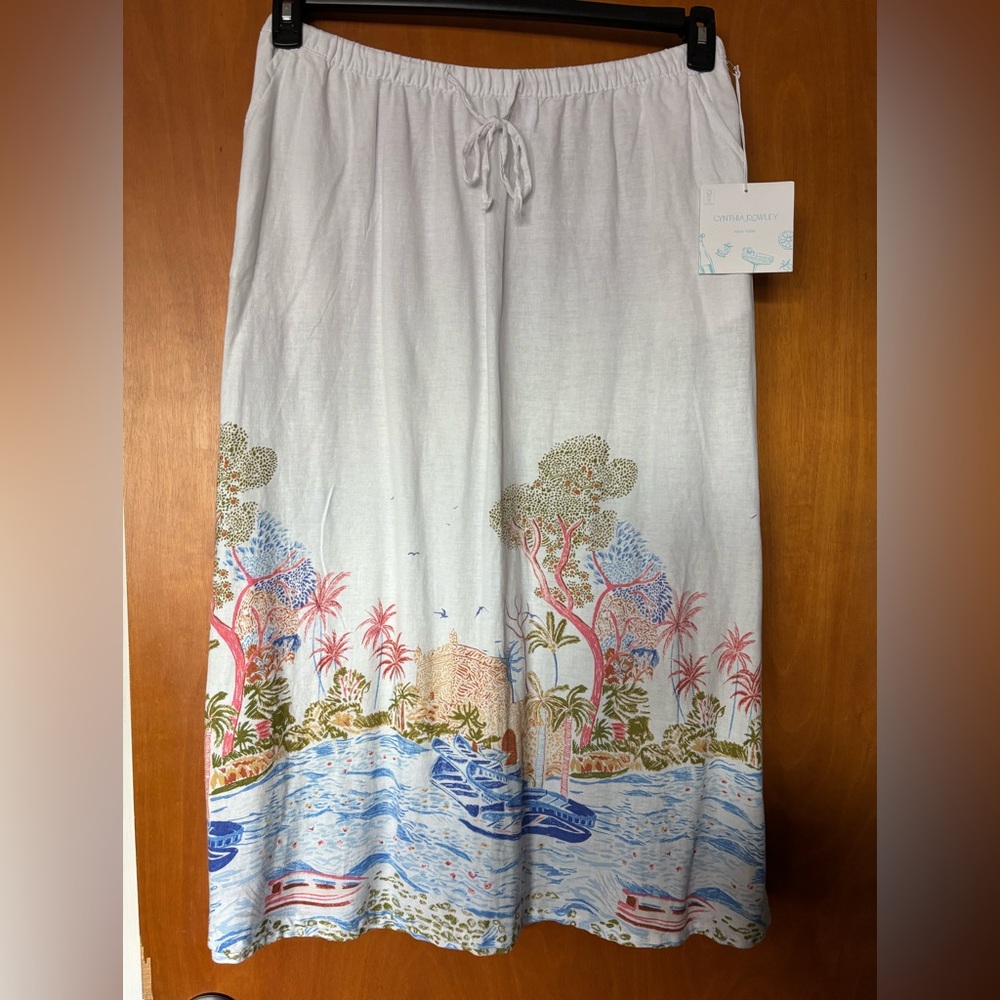 NWT Cynthia Rowley Scenic Tropical Print Midi Skirt Elastic Waist Resort Summer